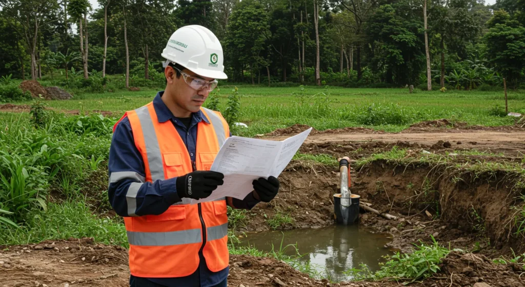 Engenheiro especialista em licenciamento ambiental elaborando projeto técnico.